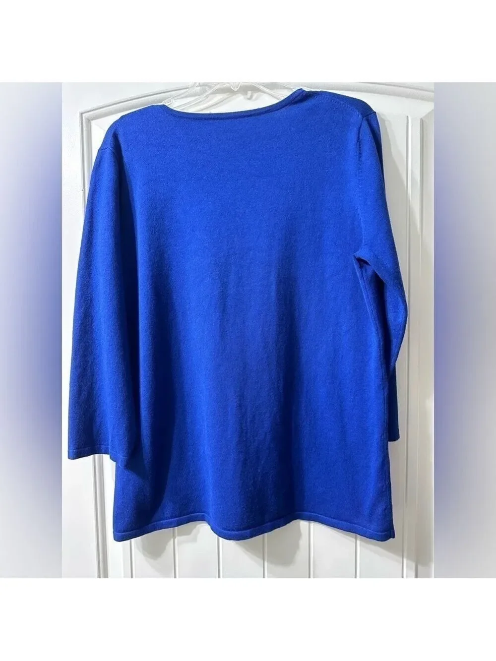 Blue Scooped V neck 3/4 Sleeve Sweater Beaded appliqué type design front left